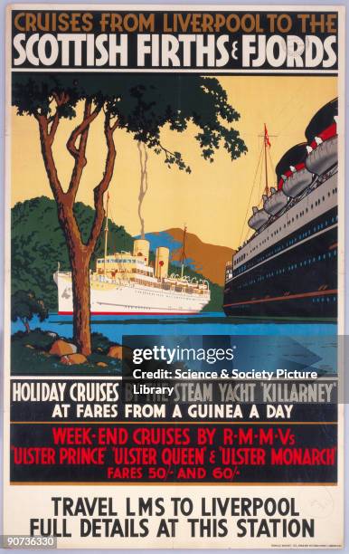 Poster produced for the London Midland & Scottish Railway advertising holiday cruises from Liverpool on the steam yacht 'Killarny', and weekend...