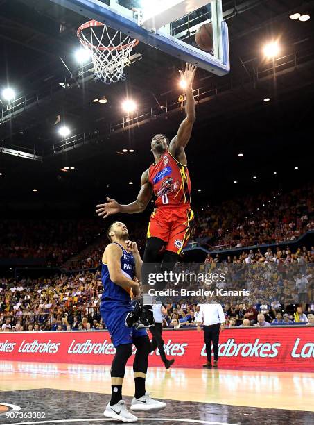 Carrick Felix of United drives to the basket during the round 15 NBL match between the Brisbane Bullets and Melbourne United at Brisbane...