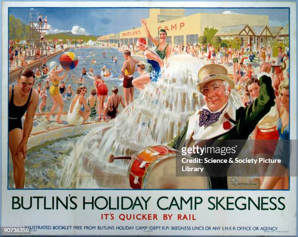 Poster produced for London & North Eastern Railway in conjunction with Butlin�s Holiday Camps to promote rail travel to Skegness in Lincolnshire. The...