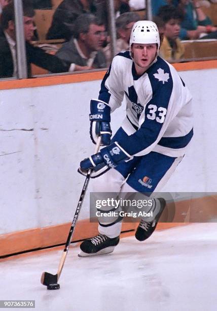 Al Iafrate of the Toronto Maple Leafs skates against the Edmonton Oilers during NHL preseason game action on September 25, 1985 at Maple Leaf Gardens...