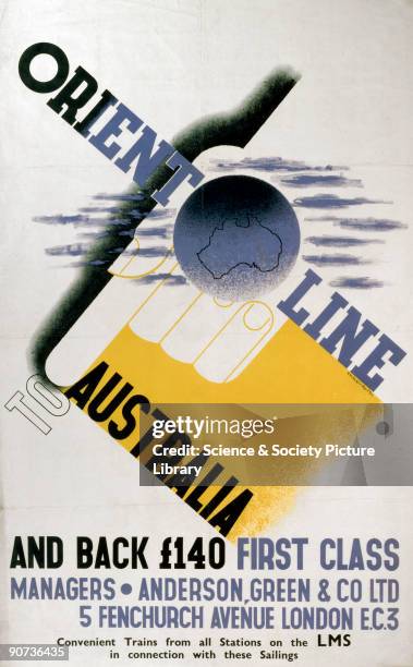 Poster produced for the London Midland & Scottish Railway advertising trains connecting with sailings to Australia, with a first class return price...