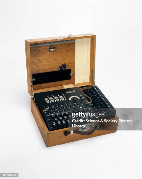 Four-rotor German Enigma cypher machine with a second operator display , made during World War II. This type of machine, devised by the German Navy...