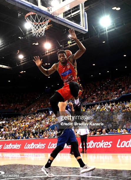 Carrick Felix of United jumps up for the rebound during the round 15 NBL match between the Brisbane Bullets and Melbourne United at Brisbane...