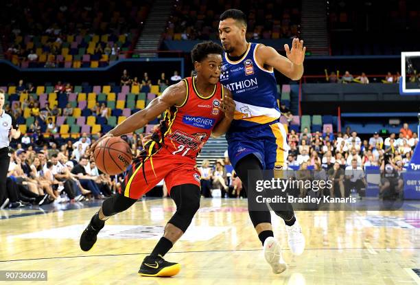 Casper Ware of United takes on the defence during the round 15 NBL match between the Brisbane Bullets and Melbourne United at Brisbane Entertainment...