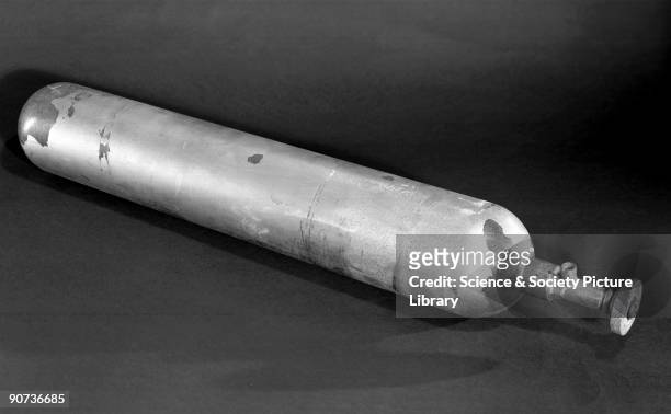 Oxygen cylinder from the British 1922 Everest Expedition. Because of the lower atmospheric pressure at higher altitudes, there is less oxygen in any...