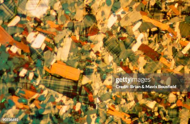 Yttrium barium copper oxide, light micrograph, 1990s. Light micrograph in uncrossed polar light with a first order red compensator. Magnification...