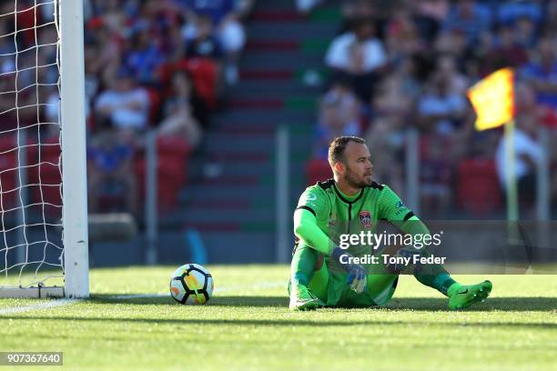 Jack Duncan of the Jets looks dejected after letting in a goal during the round 17 A-League match between the Newcastle Jets and Wellington Phoenix...