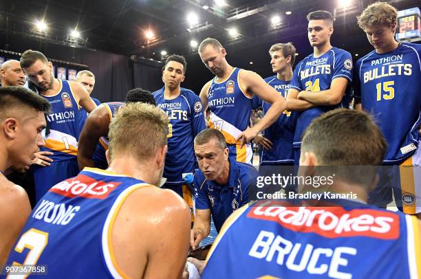 Coach Andrej Lemanis of the Bullets talks tacttics during a timeout at the round 15 NBL match between the Brisbane Bullets and Melbourne United at...