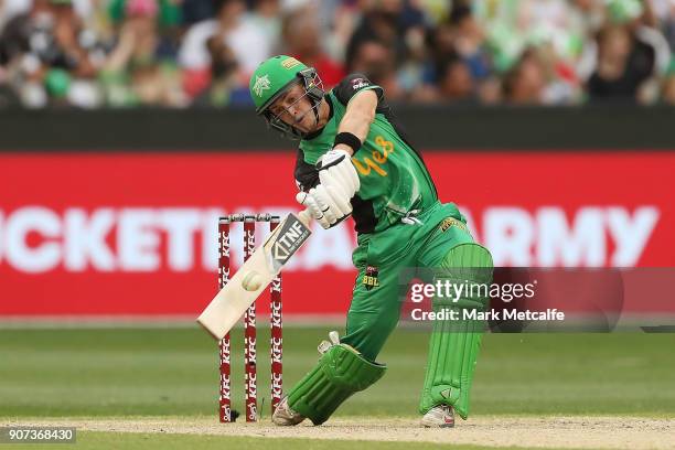 Seb Gotch of the Stars hits a six during the Big Bash League match between the Melbourne Stars and the Sydney Thunder at Melbourne Cricket Ground on...