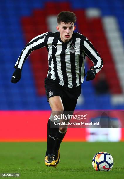 Kelland Watts of Newcastle in action during the FA Youth Cup Fourth Round match between Crystal Palace and Newcastle United at Selhurst Park on...