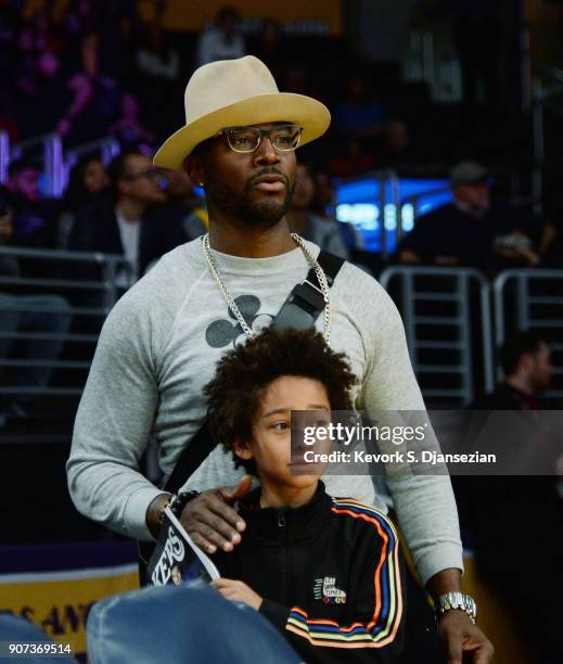 Actor Taye Diggs and his son Walker Diggs attend a basketball game between the Indiana Pacers and Los Angeles Lakers at Staples Center on January 19,...