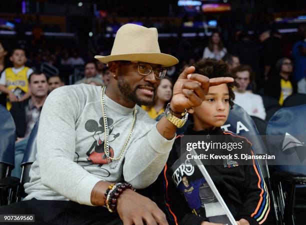 Actor Taye Diggs and his son Walker Diggs attend a basketball game between the Indiana Pacers and Los Angeles Lakers at Staples Center on January 19,...