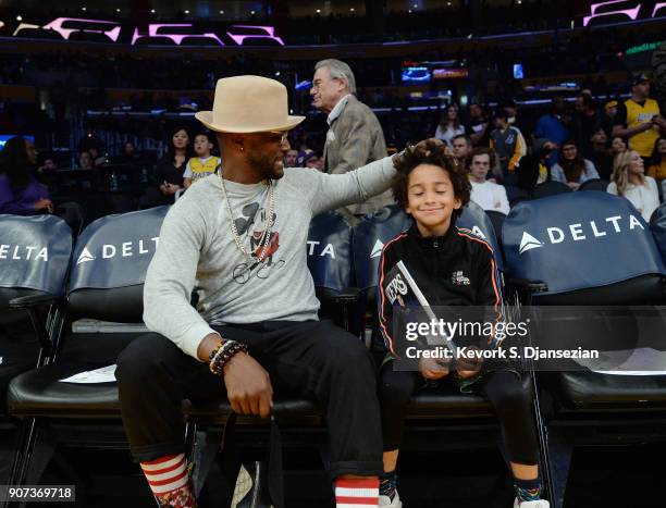 Actor Taye Diggs and his son Walker Diggs attend a basketball game between the Indiana Pacers and Los Angeles Lakers at Staples Center on January 19,...