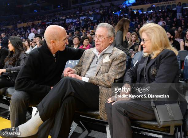 Philip Anschutz greets Jeffrey Katzenberg attends a basketball game between the Indiana Pacers and Los Angeles Lakers at Staples Center on January...