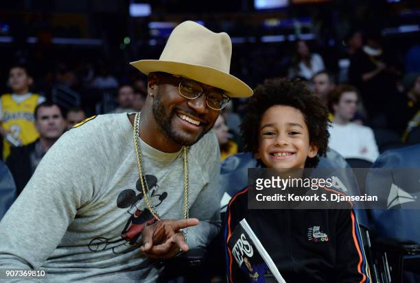 Actor Taye Diggs and his son Walker Diggs attend a basketball game between the Indiana Pacers and Los Angeles Lakers at Staples Center on January 19,...