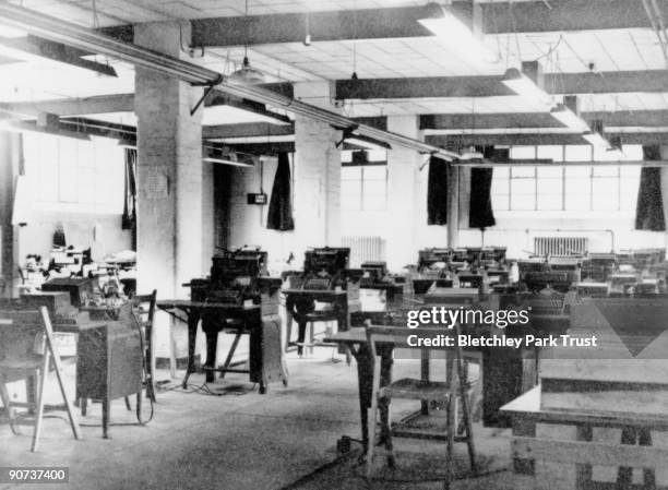 This shows the punch room in C Block at Bletchley Park, Buckinghamshire, the British forces' intelligence centre during WWII. The cryptographers at...