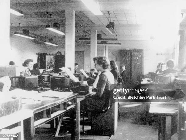 This shows codebreakers using modified British Typex cipher machines in Hut 6 at Bletchley Park, Milton Keynes, Buckinghamshire. Bletchley Park was...