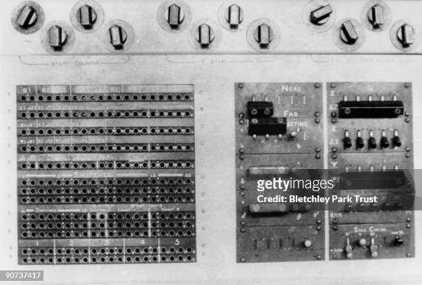 This shows a plug panel of Colossus, the world's first electronic programmable computer, at Bletchley Park in Buckinghamshire. Bletchley Park was the...