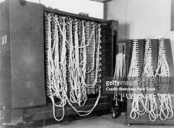 This shows the rear plugging of the Bombe decoding machine in hut 11a at Bletchley Park, Buckinghamshire, the British forces' intelligence centre...