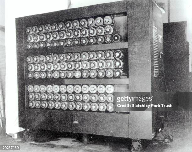 This shows Bombe code-breaking equipment at Bletchley Park in Buckinghamshire, the British forces' intelligence centre during WWII. The...