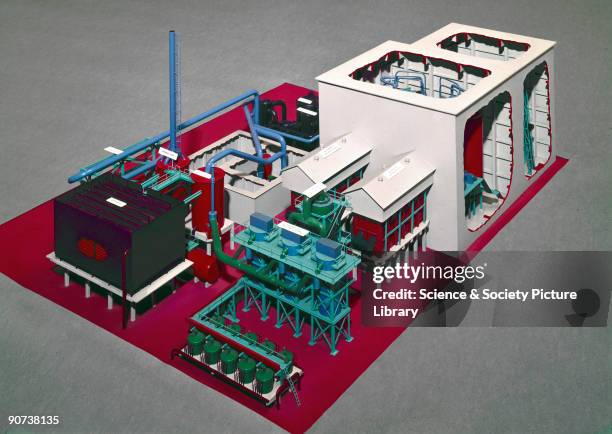 Model of a contact process sulphuric acid plant. The view features electrostatic dust precipitators, part of the plant's extensive purification...