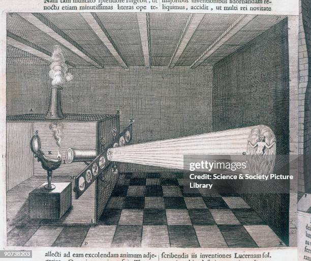 Engraving from 'Ars Magna Lucis Et Umbrae', published in 1646 by Athanasius Kircher . The plate shows a large camera obscura inside which is a bright...