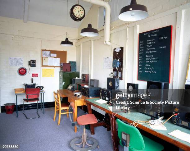 Re-creation of a radio intercept room using HRO receivers at Bletchley Park, Buckinghamshire. Bletchley Park was the British forces' intelligence...