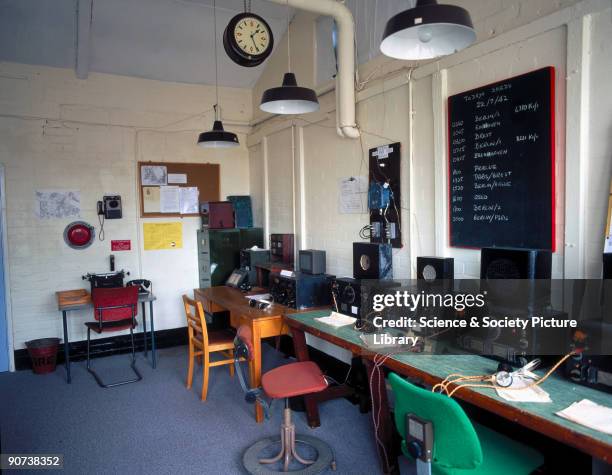 Re-creation of a radio intercept room using HRO receivers at Bletchley Park, Buckinghamshire. Bletchley Park was the British forces' intelligence...