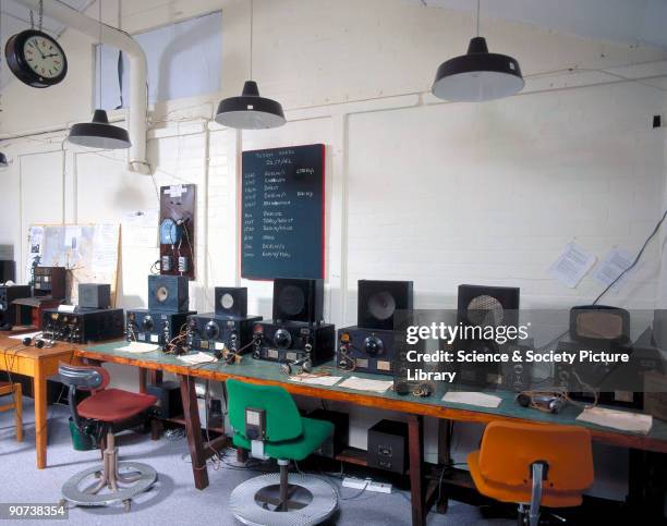 Re-creation of a radio intercept room using HRO receivers at Bletchley Park, Buckinghamshire. Bletchley Park was the British forces' intelligence...