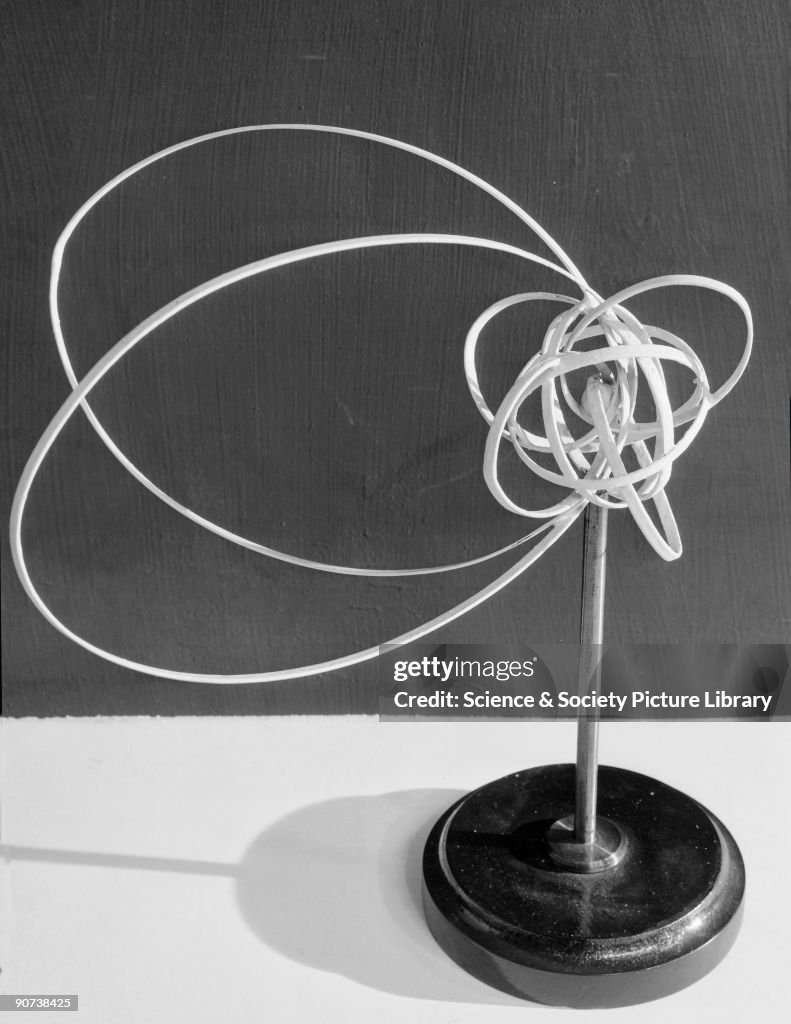 Model of an hydrogen atom according to the Bohr theory of the structure of atoms.