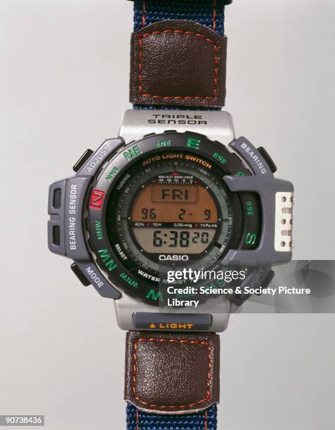 Digital watch with altimeter, barometer and thermometer functions made by Casio Electronics Co Ltd. The development of extremely cheap, relatively...