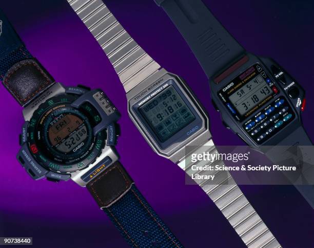 Three watches manufactured by Casio Electronic Company Ltd. On the left is the Model PRT-40E with altimeter, barometer and thermometer functions. In...