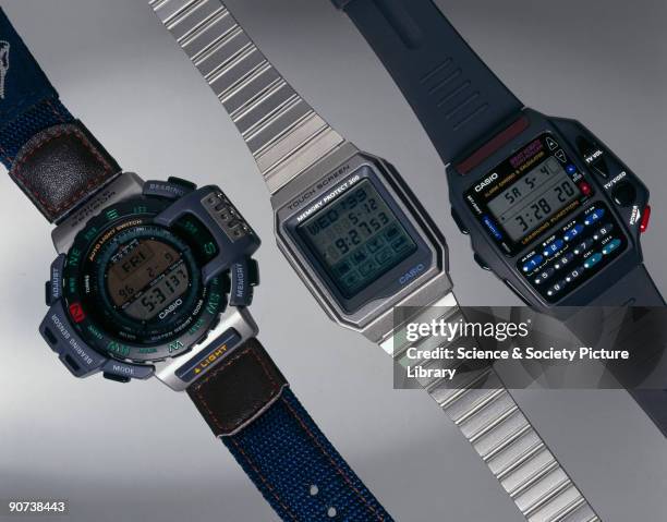 Three watches manufactured by Casio Electronic Company Ltd. On the left is the Model PRT-40E with altimeter, barometer and thermometer functions. In...