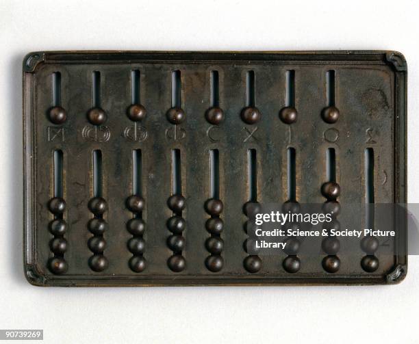 Replica, made in 1974, of a Roman hand abacus. The counters slide in grooves. Like the Japanese abacus the counters above the bar are worth five and...