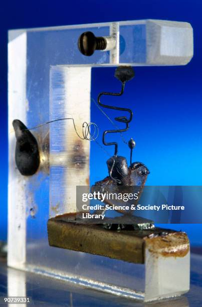 Replica of the first working transistor invented in 1947 by John Bardeen, Walter Brattain and William Shockley at Bell Laboratories in the United...