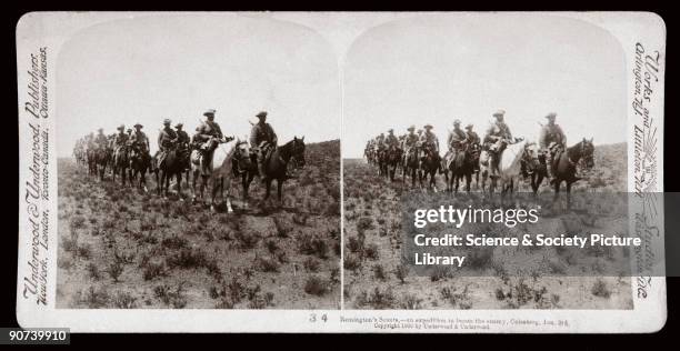 Column of mounted troops on an expedition to locate Boer fiorces. One of a boxed set of stereoscope photographs produced for sale to the general...
