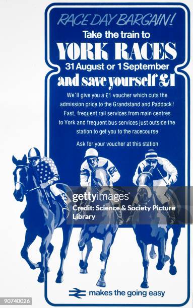 Poster produced by British Railways to promote rail services to the York Races. A rail ticket entitled the passenger to £1 off the admission price to...