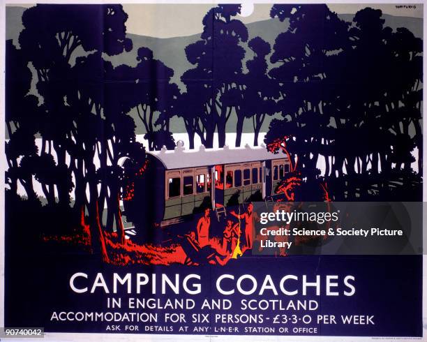 Poster produced for the London & North Eastern Railway to promote parked railway carriages as affordable holiday camping accommodation for six...