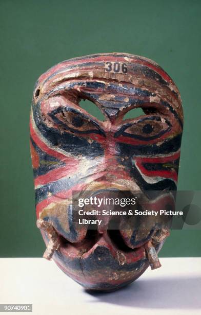 Painted face mask representing the head of an animal, probably a boar, possibly worn during the kolam masked playassociated with the exorcism of...