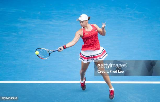 Ashleigh Barty of Australia plays a forehand in her third round match against Naomi Osaka of Japan on day six of the 2018 Australian Open at...