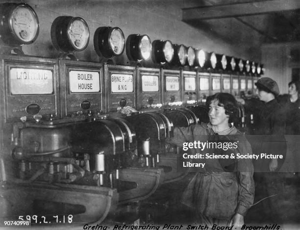 Women workers at Broomhills refrigerating plant, Gretna, Scotland. A huge cordite explosive factory was built at Gretna in 1915, providing employment...