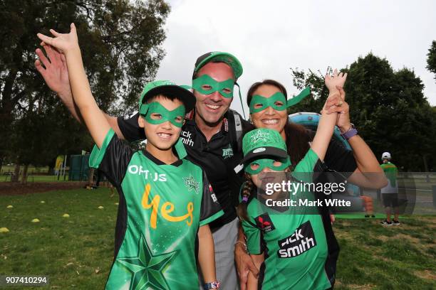 Family cheer before the Big Bash League match between the Melbourne Stars and the Sydney Thunder at Melbourne Cricket Ground on January 20, 2018 in...