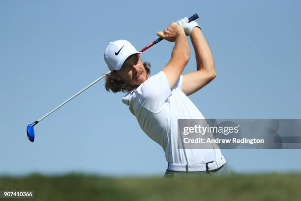 Tommy Fleetwood of England plays his shot from the third tee during round three of the Abu Dhabi HSBC Golf Championship at Abu Dhabi Golf Club on...