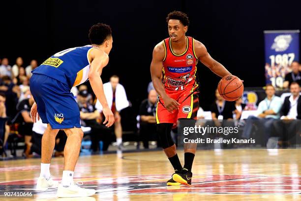 Casper Ware of United looks to take on the defence during the round 15 NBL match between the Brisbane Bullets and Melbourne United at Brisbane...