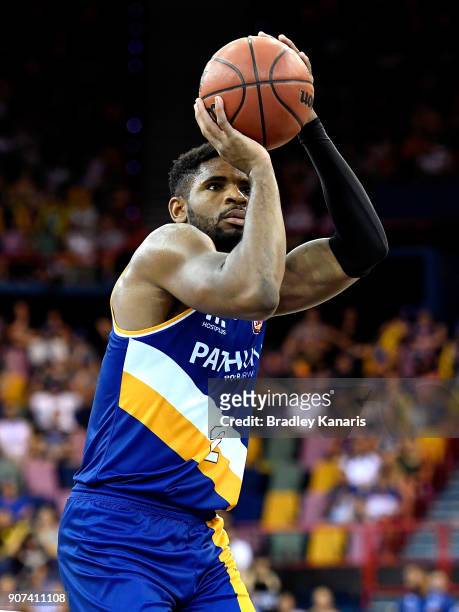 Perrin Buford of the Bullets shoots during the round 15 NBL match between the Brisbane Bullets and Melbourne United at Brisbane Entertainment Centre...