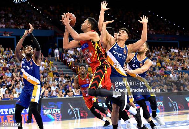 Tai Wesley of United breaks through the Bullets defence during the round 15 NBL match between the Brisbane Bullets and Melbourne United at Brisbane...