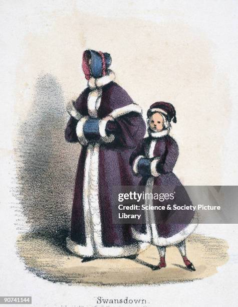 Vignette from a lithographic plate showing a woman and child in winter clothing with down edges and muffs. Taken from 'The Swan, Goose and Duck' in...