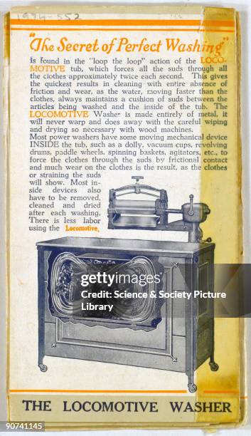 Brochure for the 'Locomotive' electric washing machine and mangle. The clothes are placed in the copper tank with soap and water and agitated back...