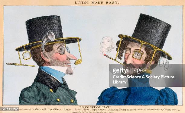 Coloured engraving showing two men wearing fantastical hats, both of which 'by a slight touch presents its wearer with eye-glass, cigar, scent-box,...