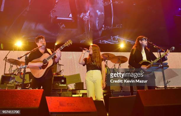 Marcus Mumford and Winston Marshall of Mumford & Sons perform onstage with Maggie Rogers performs onstage during iHeartRadio ALTer Ego 2018 at The...
